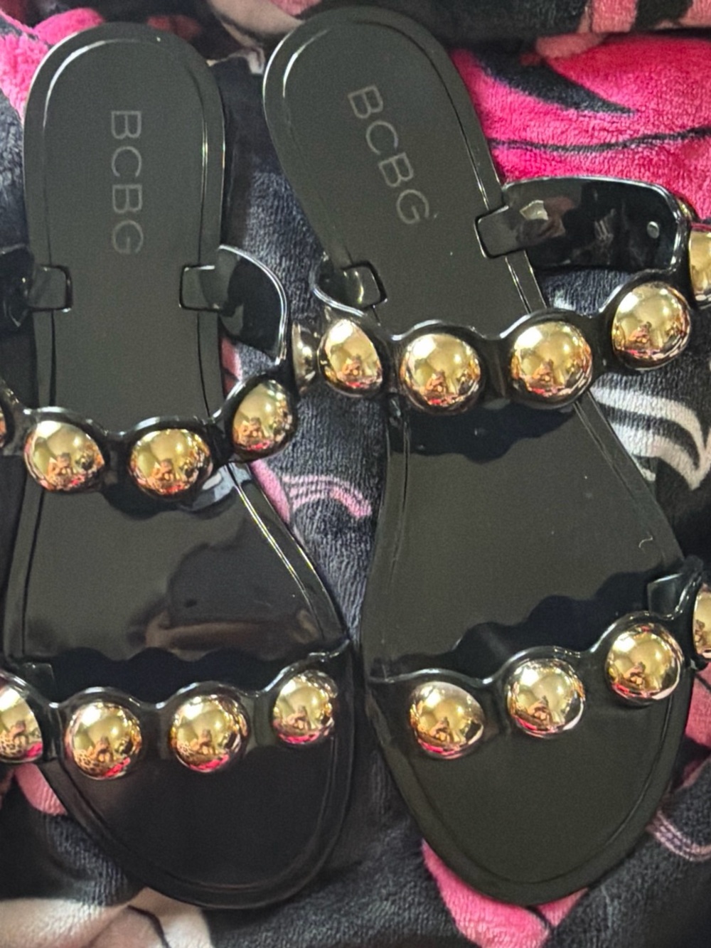 BCBG Black Patent Sandals with Gold Accent Studs